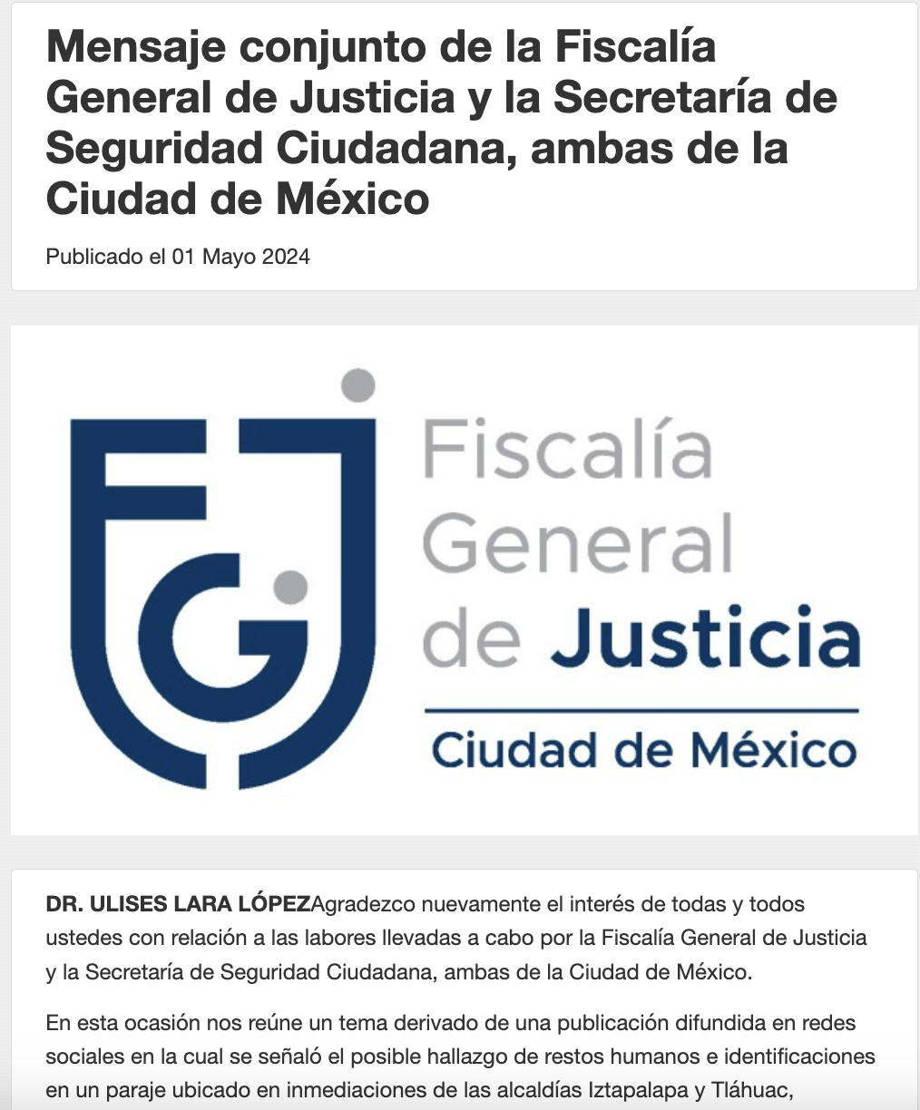 Comunicado de la Fiscalía General de Justicia de la CDMX